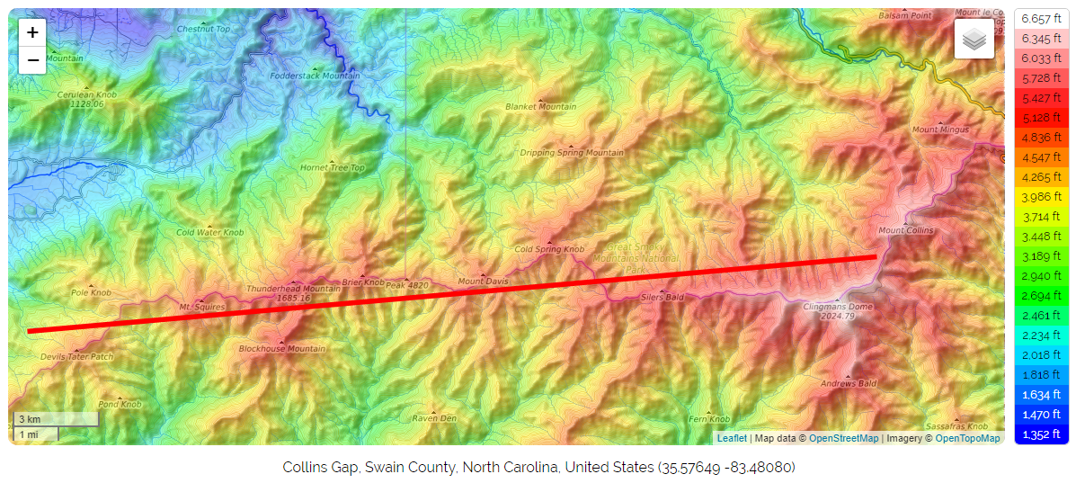 Topographic image of the mountains west of Collins Gap, Tennessee, USA